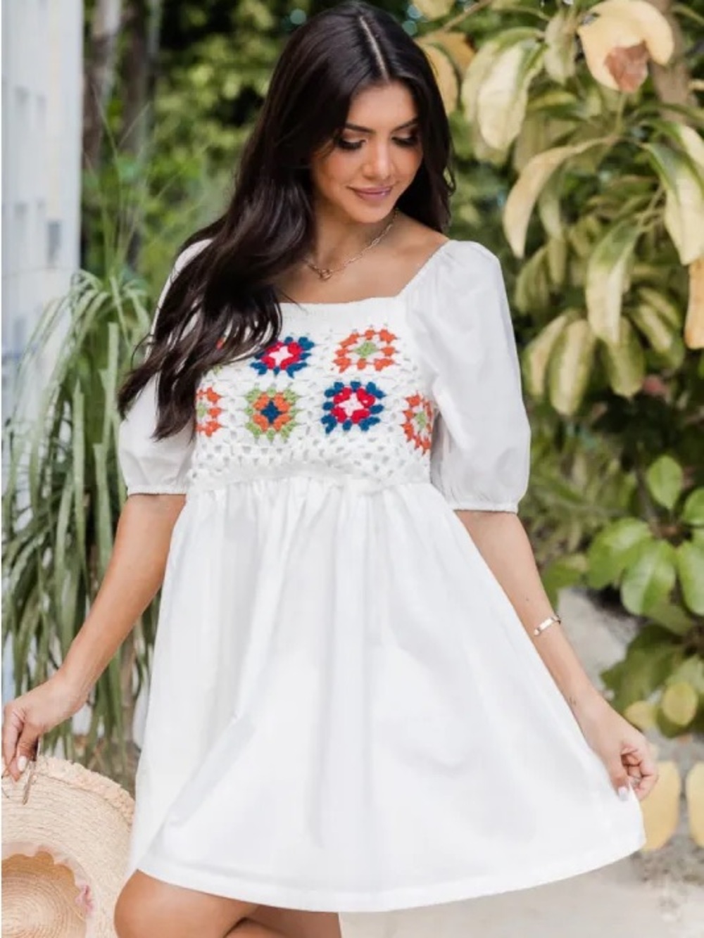 Lizard Thicket White Mini Dress with Colorful Crochet Bodice